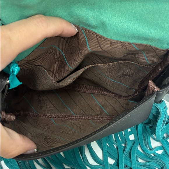 Montana West Brown Faux Calves Hair and Leather Teal Fringe Crossbody Bag - Picture 7 of 11